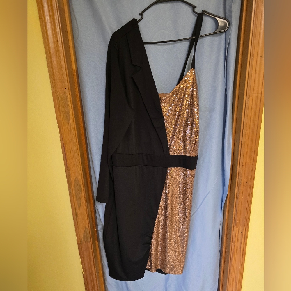 Ashley Stewart Sequin Asymmetric Blazer Dress Black/Bronze